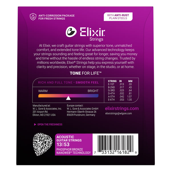 Elixir Phosphor Bronze Acoustic Guitar Strings with NANOWEB Technology