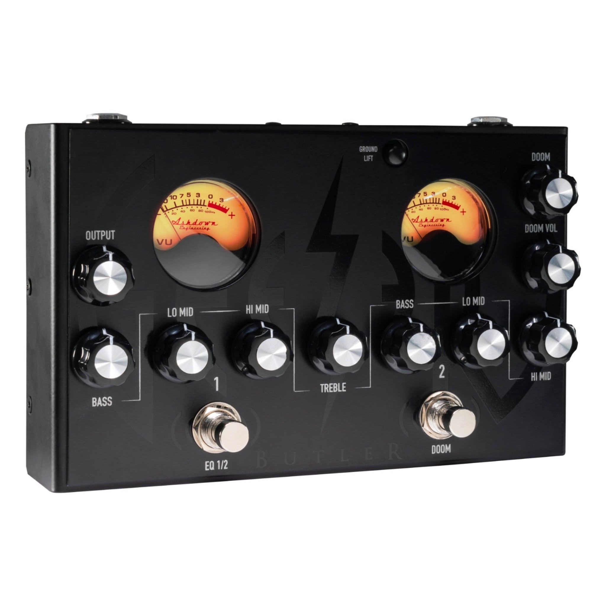 Guitar effects pedal with control knobs and display on a white background