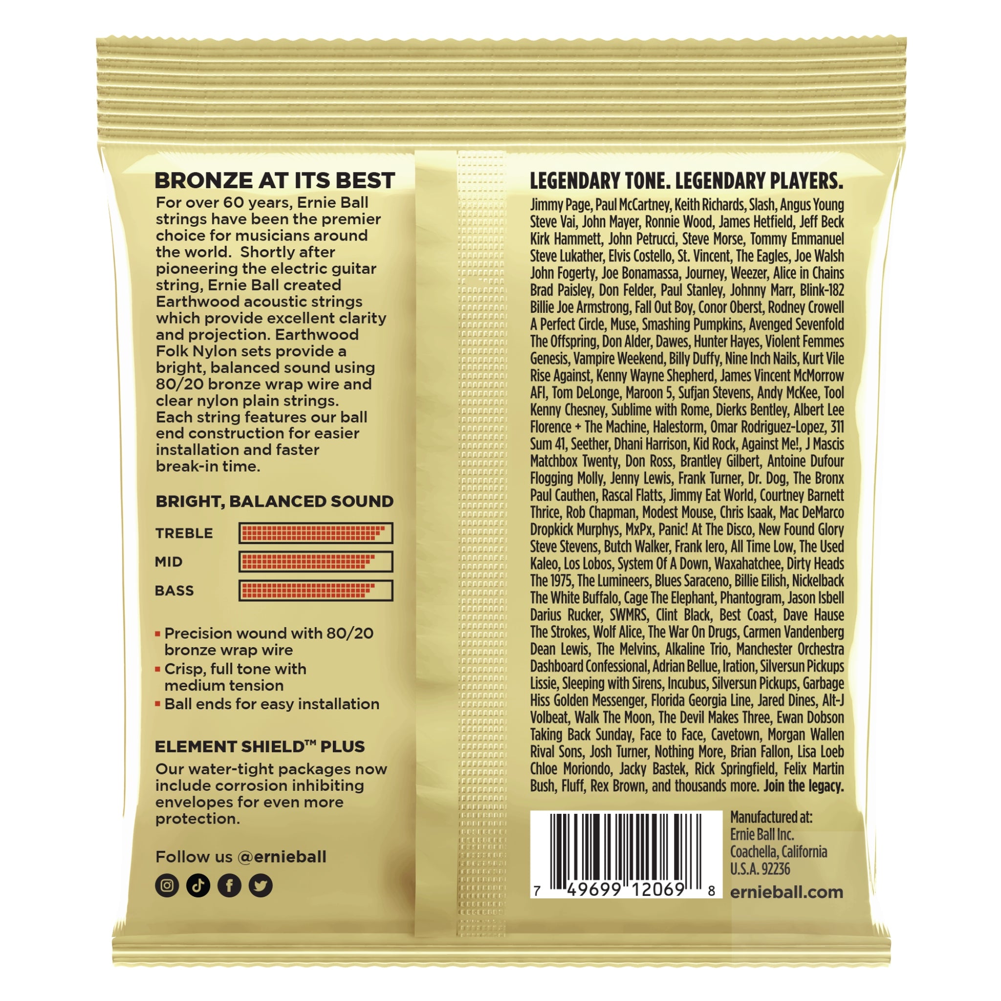 Ernie Ball Earthwood 80/20 Bronze Nylon Ball End Folk/Classical Guitar Strings - Clear & Gold