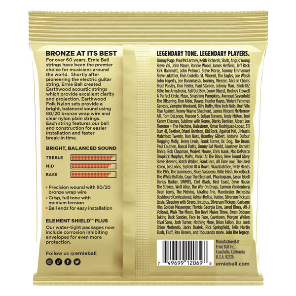 Ernie Ball Earthwood 80/20 Bronze Nylon Ball End Folk/Classical Guitar Strings - Clear & Gold