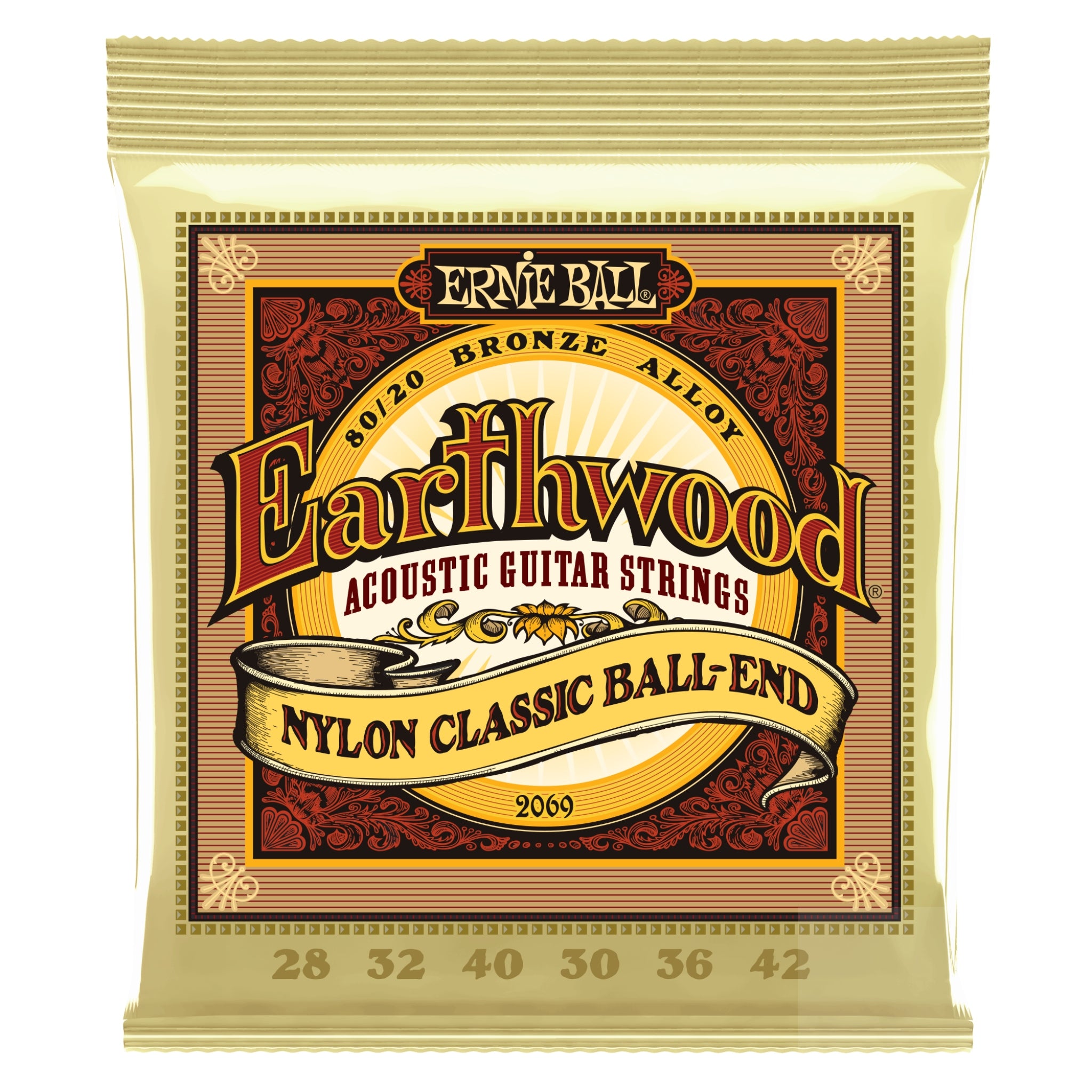 Ernie Ball Earthwood 80/20 Bronze Nylon Ball End Folk/Classical Guitar Strings - Clear & Gold