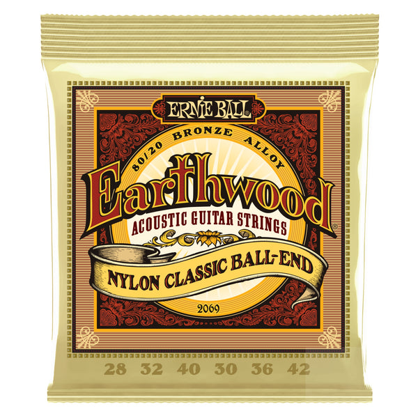 Ernie Ball Earthwood 80/20 Bronze Nylon Ball End Folk/Classical Guitar Strings - Clear & Gold