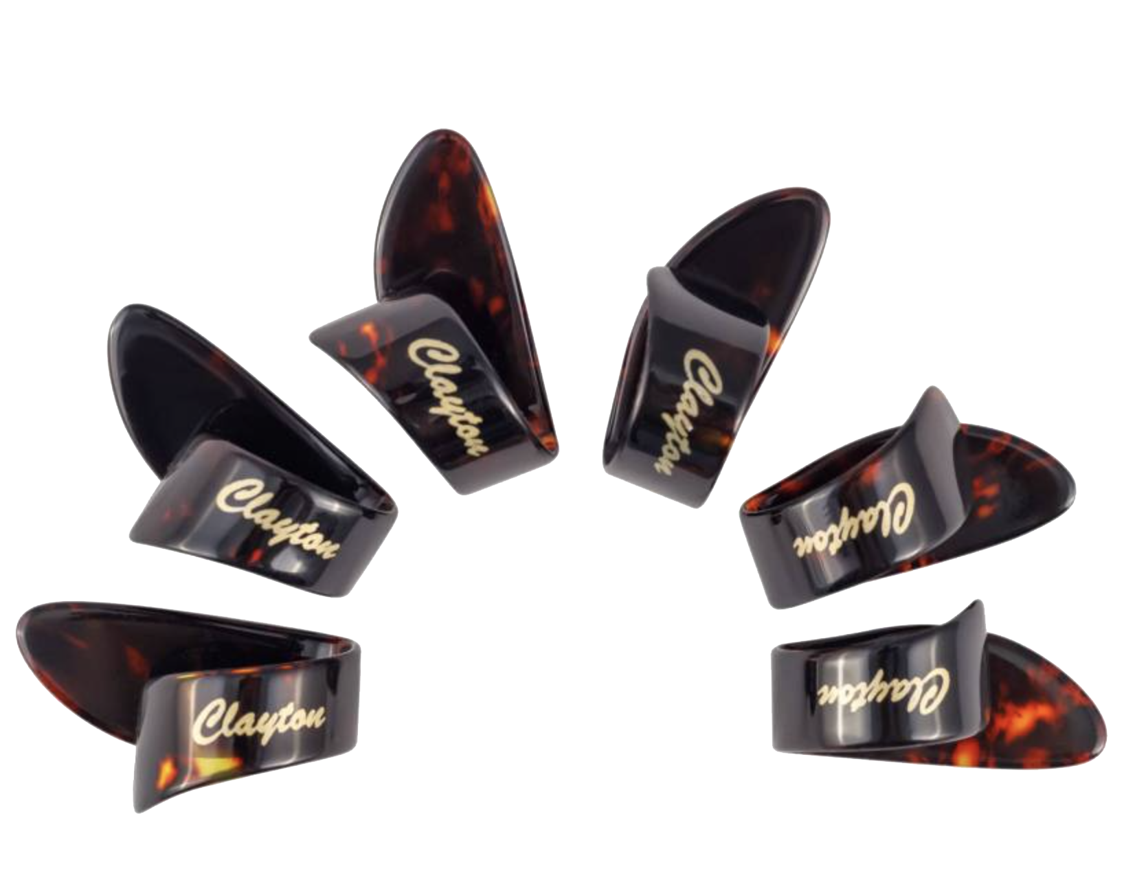 Set of tortoiseshell guitar picks with 'Clayton' branding on a white background