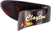 Guitar pick with 'Clayton' branding on a white background