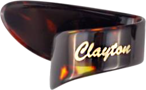 Guitar pick with 'Clayton' branding on a white background