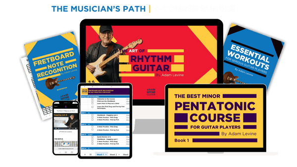 Adam Loves Guitar online guitar courses shown on laptop, tablet and phone