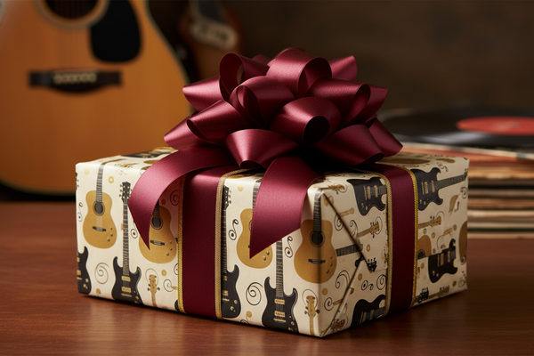 Festive gift box filled with musical instruments and accessories for musicians and music lovers
