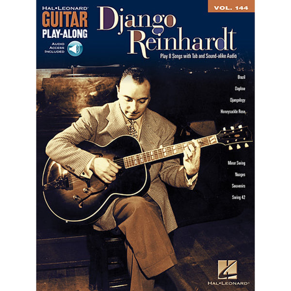 Hal Leonard Guitar Play-Along volume 144 cover featuring Django Reinhardt playing an acoustic guitar. The cover has a dark blue background with white and orange text, and a sepia-toned photo of Django seated and playing.