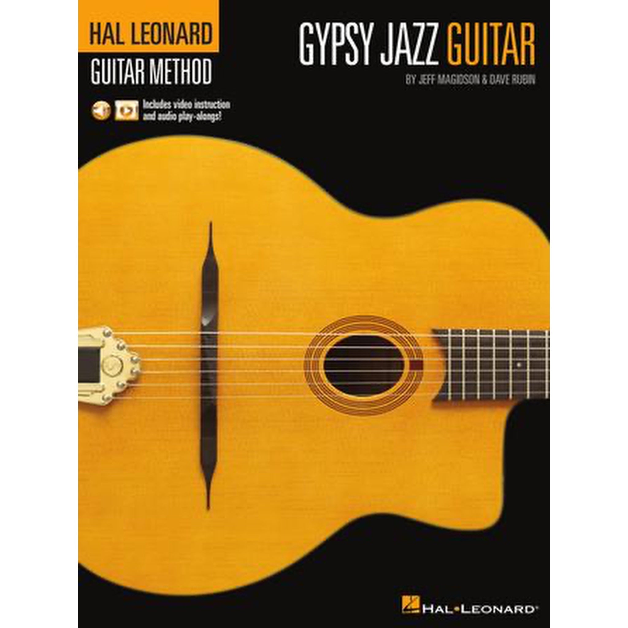 Hal Leonard Gypsy Jazz Guitar Method book cover featuring a gypsy jazz guitar on a black background with orange and white text.