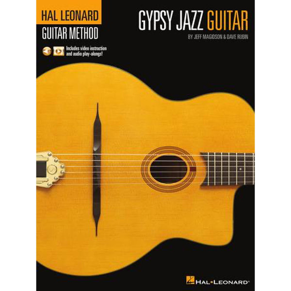 Hal Leonard Gypsy Jazz Guitar Method book cover featuring a gypsy jazz guitar on a black background with orange and white text.