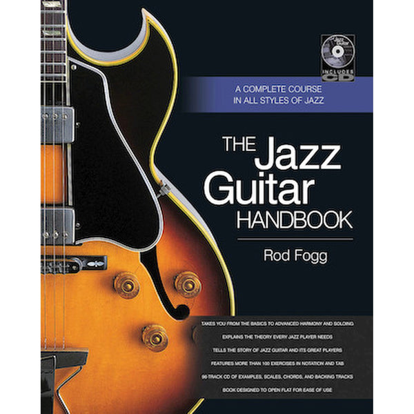 Front cover of the book 'The Jazz Guitar Handbook' by Rod Fogg, featuring a close-up of a sunburst electric guitar on a dark background with white and blue text.