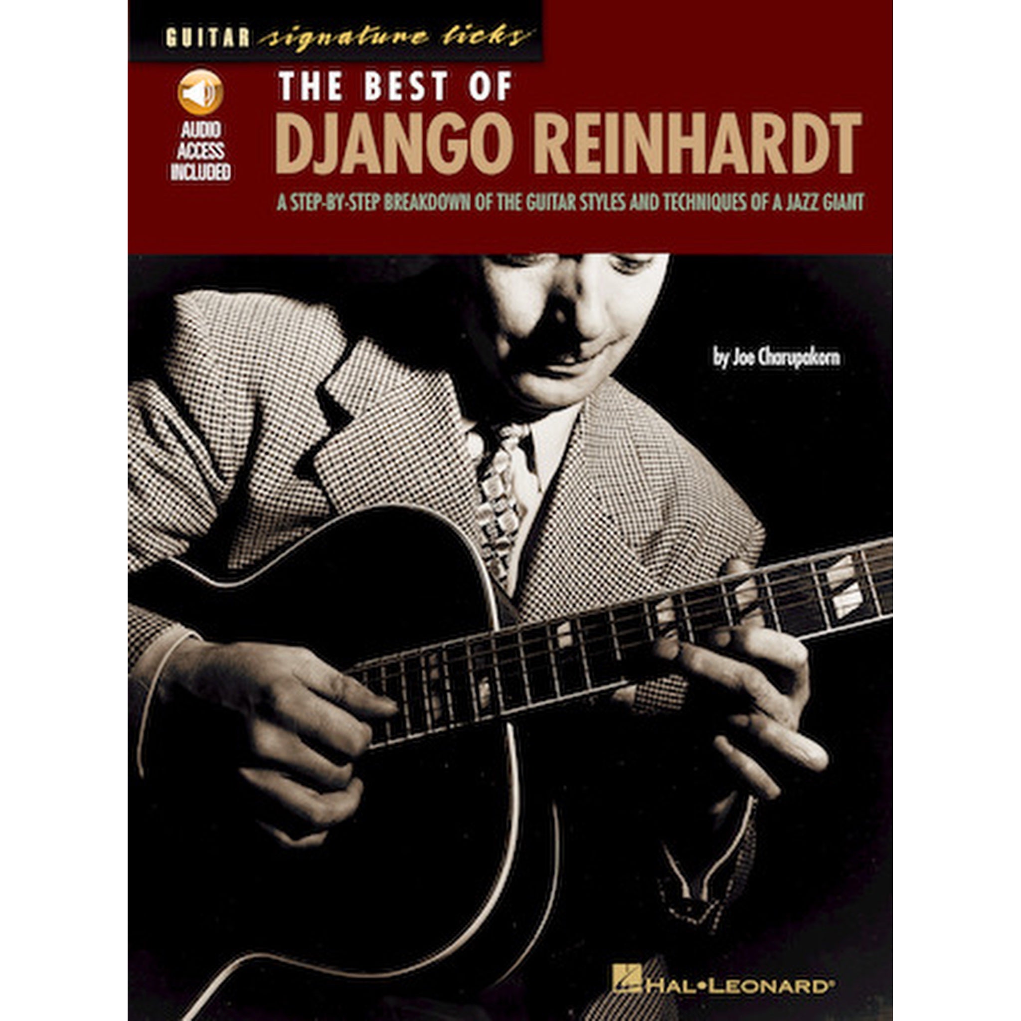 Book cover for 'The Best of Django Reinhardt' from Hal Leonard, featuring a black-and-white photo of Django Reinhardt playing an acoustic guitar against a dark background, with a red header and gold text.