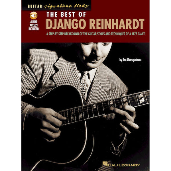 Book cover for 'The Best of Django Reinhardt' from Hal Leonard, featuring a black-and-white photo of Django Reinhardt playing an acoustic guitar against a dark background, with a red header and gold text.