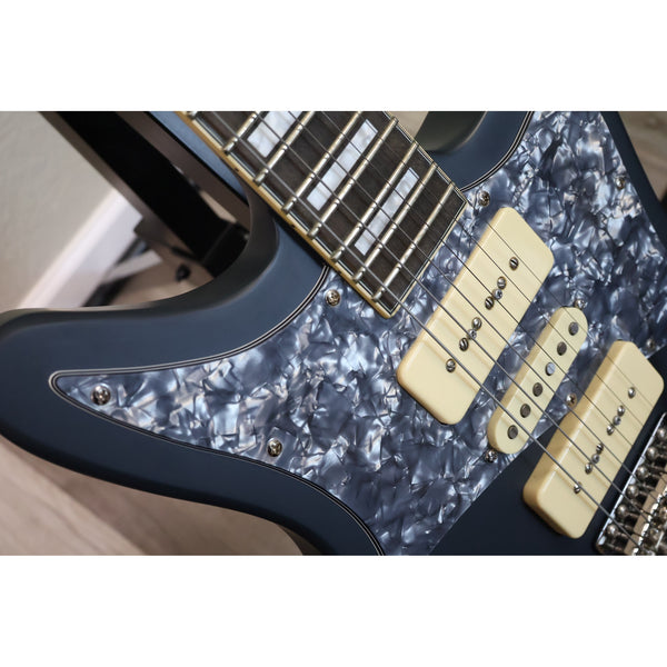 D'Angelico Premier Bob Weir Bedford block inlays, neck P-90 and pearl pickguard close-up