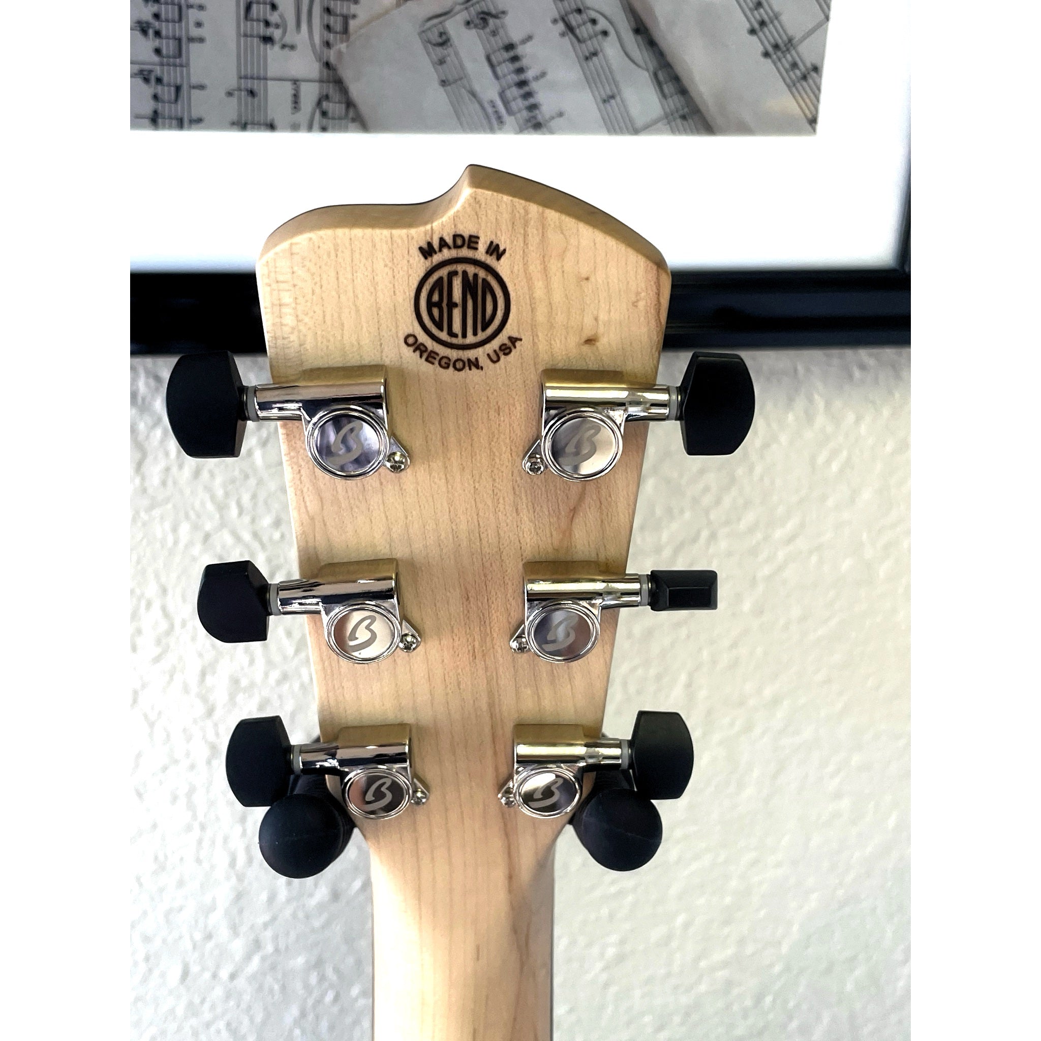 Back of Breedlove headstock showing Made in Bend, Oregon USA marking and tuning machines – serial 30844