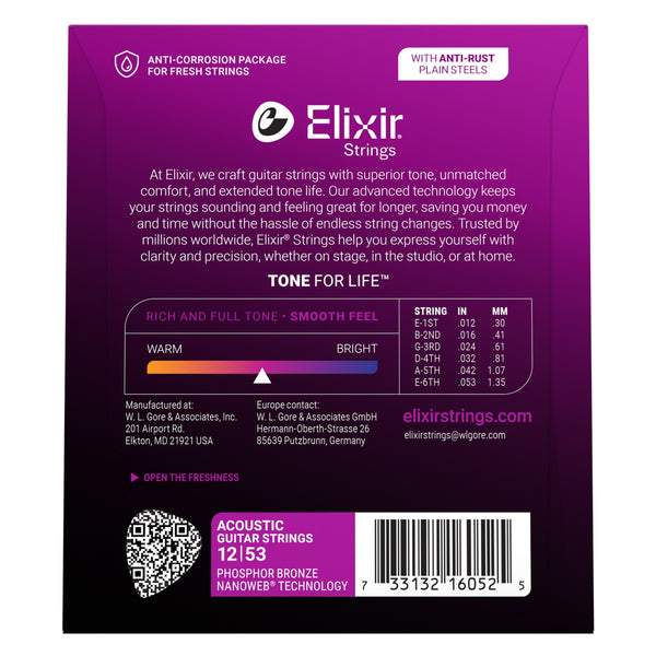 Elixir Phosphor Bronze Acoustic Guitar Strings with NANOWEB Technology