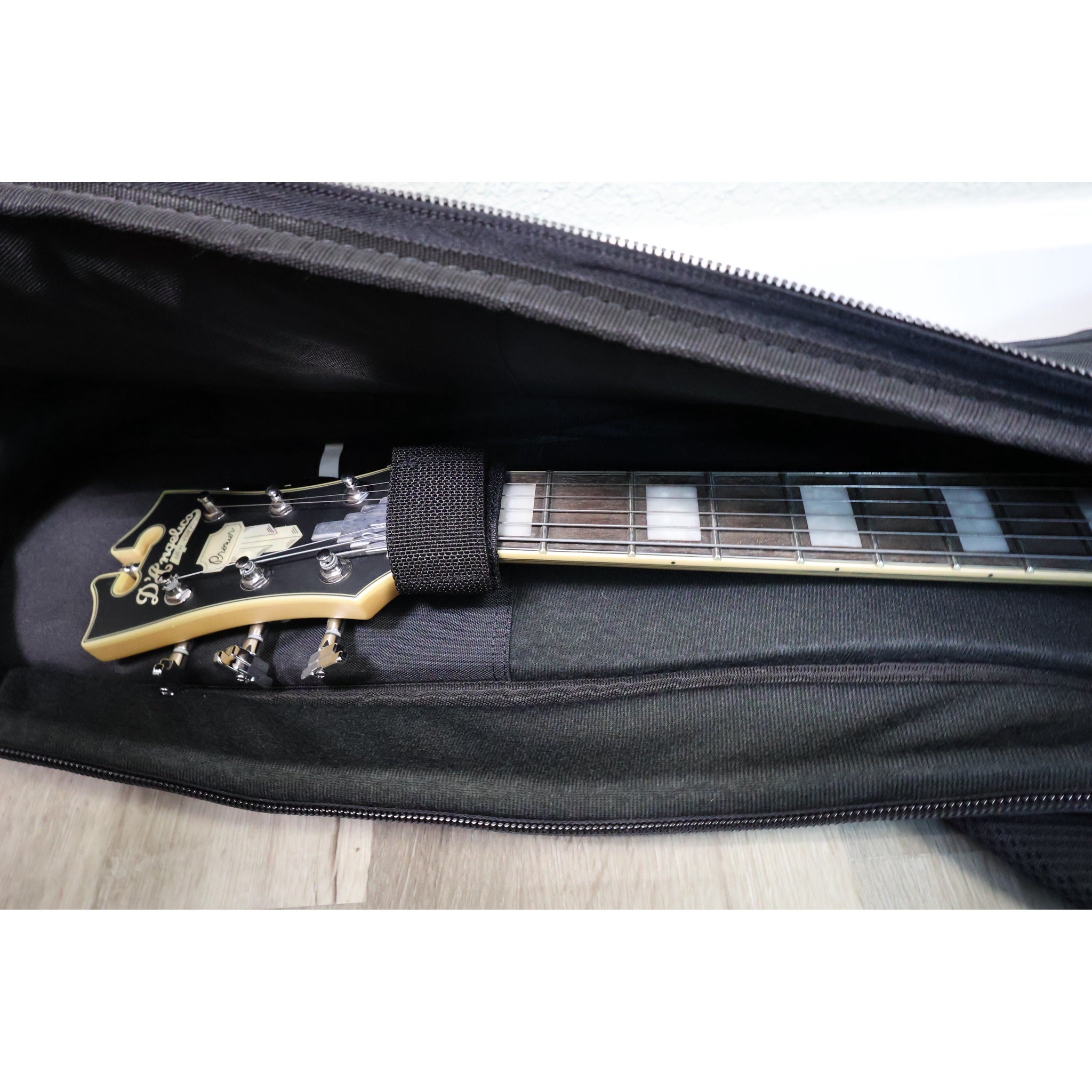 D'Angelico Premier Bob Weir Bedford inside its padded D'Angelico gig bag