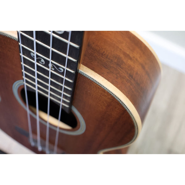 Kala KA-SA-T tenor ukulele fretboard and soundhole angled close-up