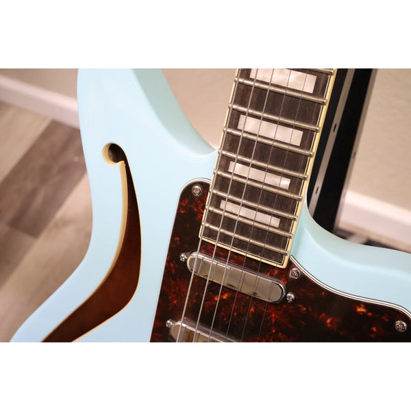 D'Angelico Premier Bedford SH contoured F-hole, fingerboard and neck pickup close-up