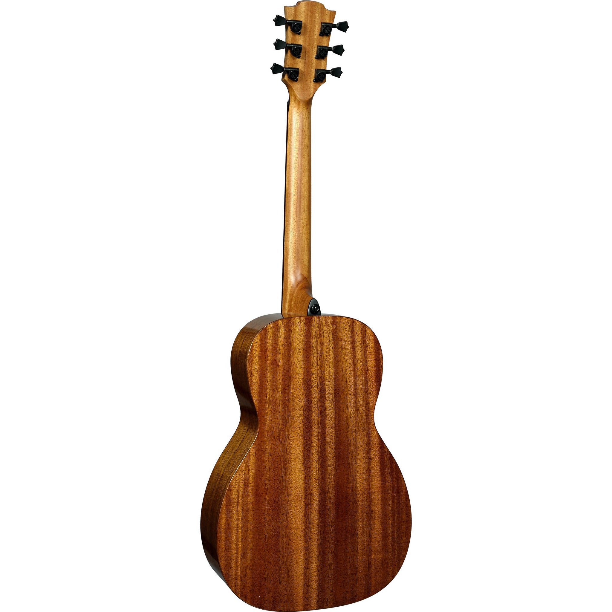 The back view of a LAG T98PE Tramontane 98 Parlor Acoustic-Electric Guitarg with a rich grain pattern, featuring a cutaway body and six black tuning pegs on a solid white background.