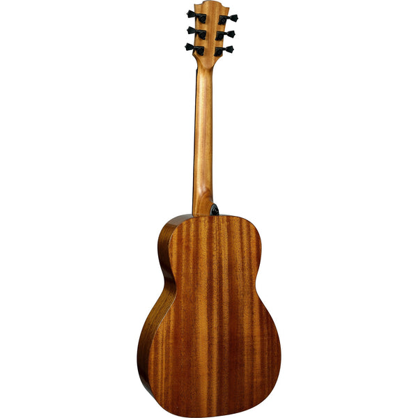 The back view of a LAG T98PE Tramontane 98 Parlor Acoustic-Electric Guitarg with a rich grain pattern, featuring a cutaway body and six black tuning pegs on a solid white background.