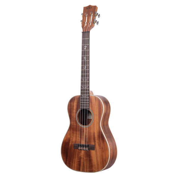 Kala KA-SA-B acacia baritone ukulele, three-quarter front view with slotted headstock and rosewood fingerboard