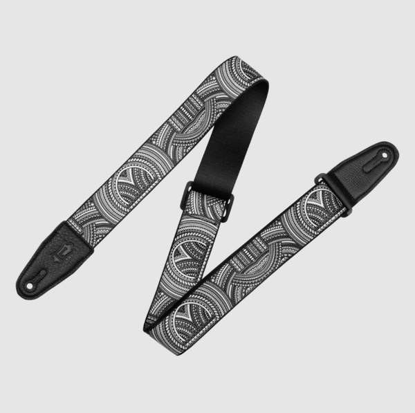 2 Tattoo Guitar Strap in B&W Tribal Design with Black Leather Ends - El Cajon Guitars and Music