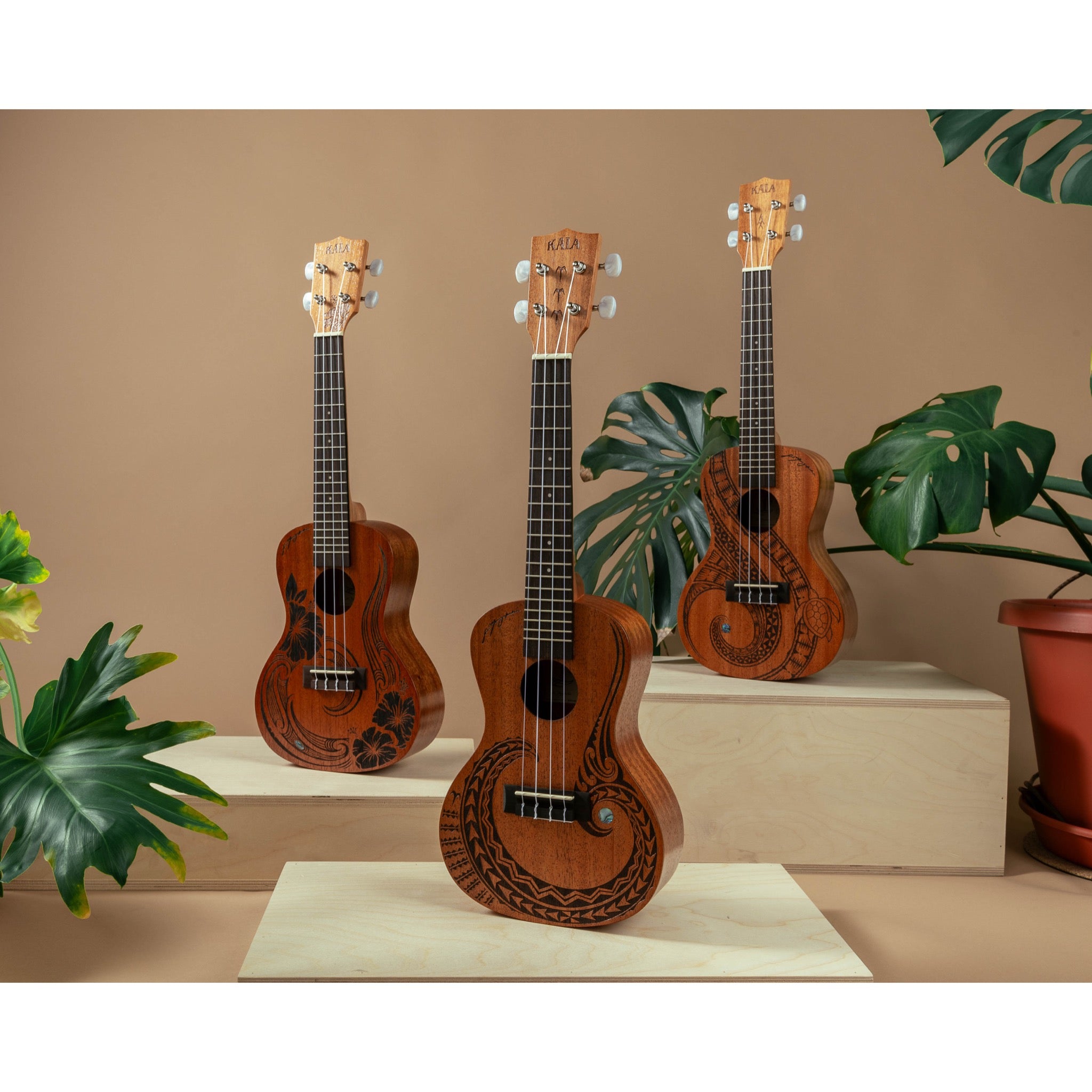Kala Unity Mahogany Tenor Ukulele w/ Bag - KA-UNITY-T_W/BAG with decorative black inlay patterns are displayed on light wood pedestals against a warm beige background, surrounded by green houseplants with other ukuleles in the series.