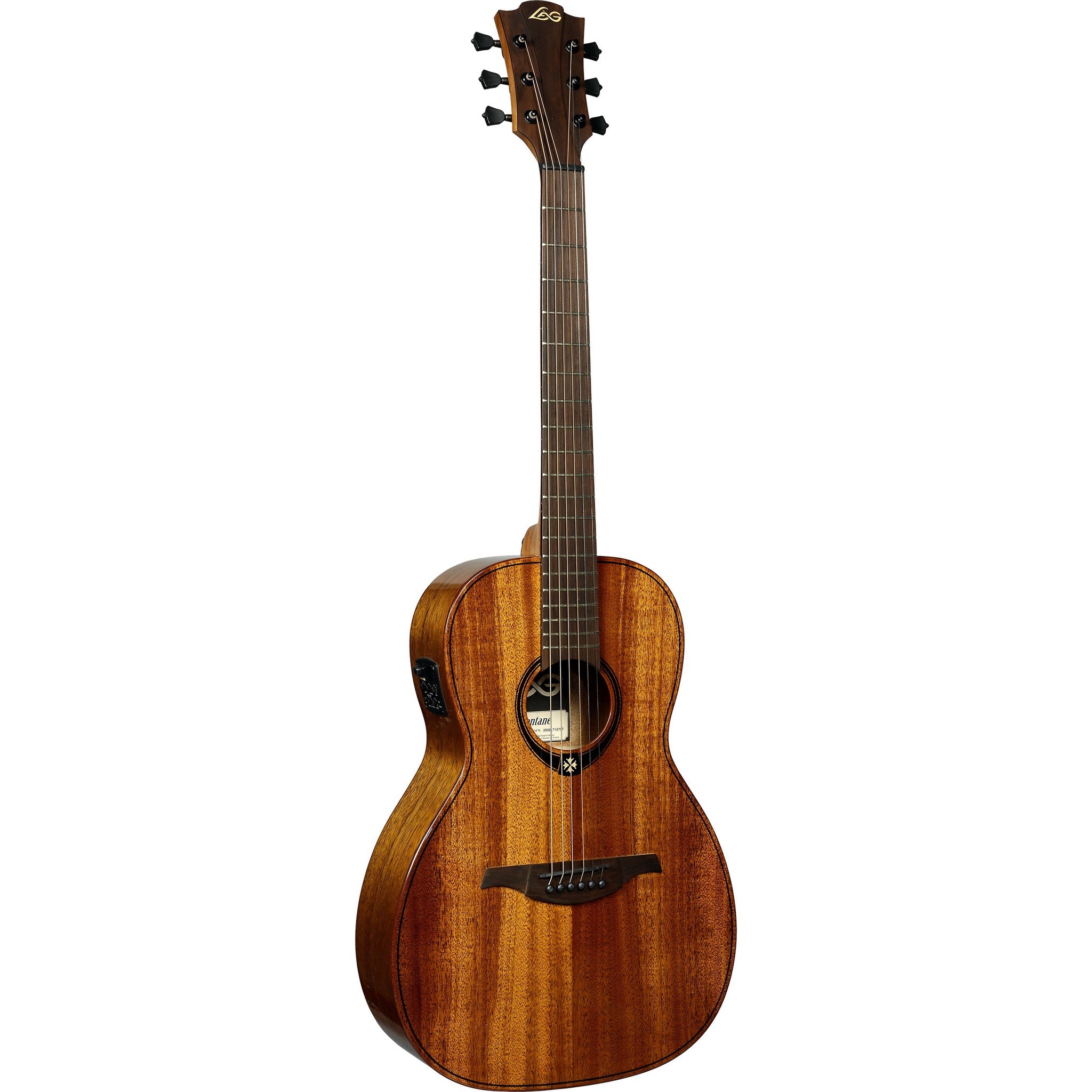 LAG T98PE Tramontane 98 Parlor Acoustic-Electric Guitar with a warm honey-toned finish, shown from a front-three-quarter angle against a solid white background.