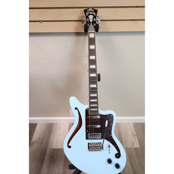D'Angelico Premier Bedford SH Sky Blue offset semi-hollow guitar, full length front