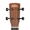 Close-up of a Kala Revelator Night Owl Mango Tenor Acoustic-Electric Ukulele headstock showing the four tuning pegs, four strings, and the KALA logo in white on a dark wood grain background.