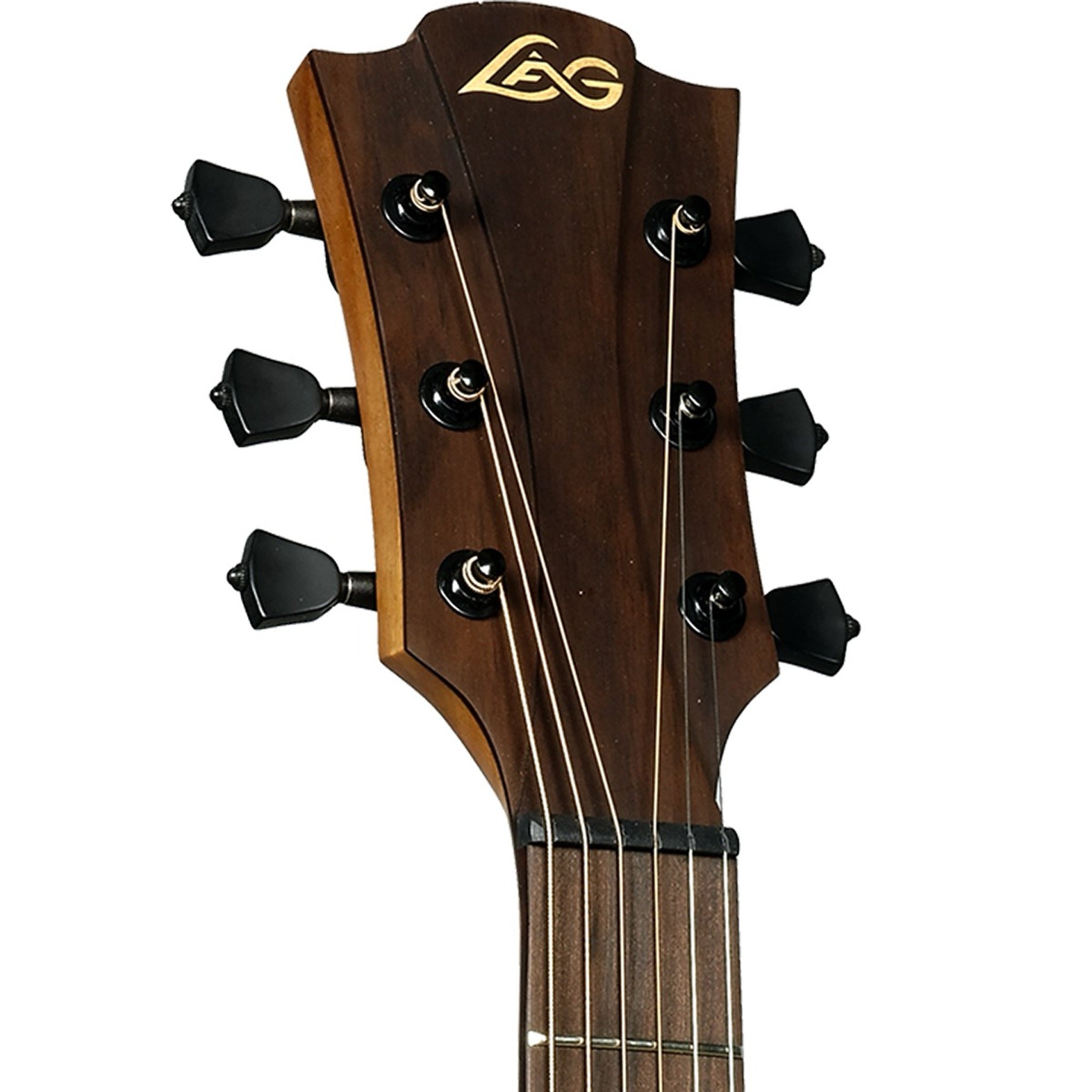 Close-up of a LAG T98PE Tramontane 98 Parlor Acoustic-Electric Guitar headstock with six black tuning pegs, four strings, and a gold 'LS' logo on a dark brown wooden background, isolated on a white background.