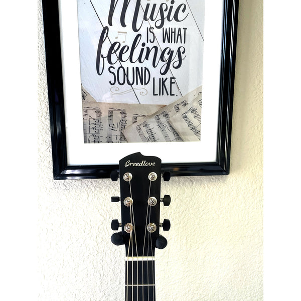 Breedlove headstock with vertical logo and premium tuning machines beneath “Music is what feelings sound like” artwork – serial 30844