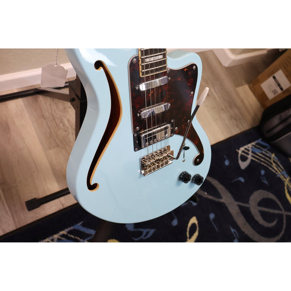 D'Angelico Premier Bedford SH Sky Blue angled body view showing two single-coils and bridge mini-humbucker