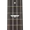 Close-up of a dark wood guitar neck with six strings, featuring a white inlaid owl  lat the fretboard level. of the Kala Revelator Night Owl Mango Tenor Acoustic-Electric Ukulele.