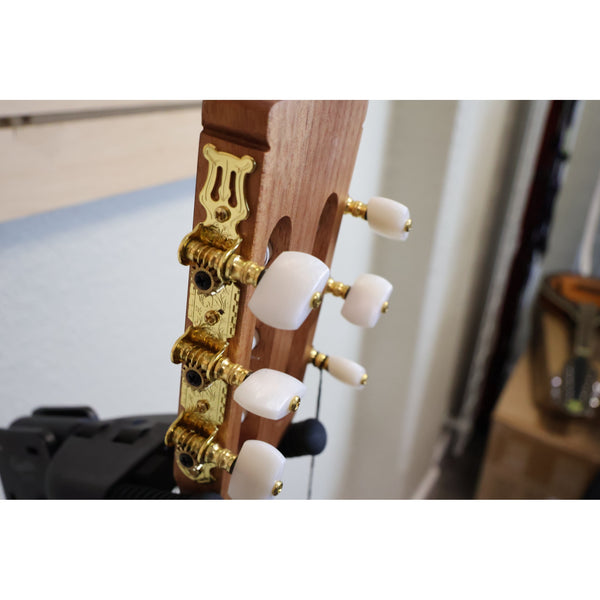 Protégé by Córdoba C1M 3/4 classical guitar, side view of slotted headstock with gold tuners