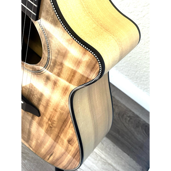 Top-down view of the solid Myrtlewood body, top, side, and cutaway on Breedlove Oregon Dreadnought Concerto CE – serial 30844