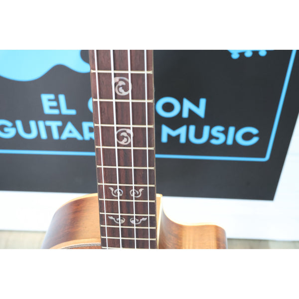 Close-up neck on a A Kala KA-SA-TE-C All-Solid Acacia Tenor Cutaway Ukulele with Fishman Electronics neck with decorative inlays.