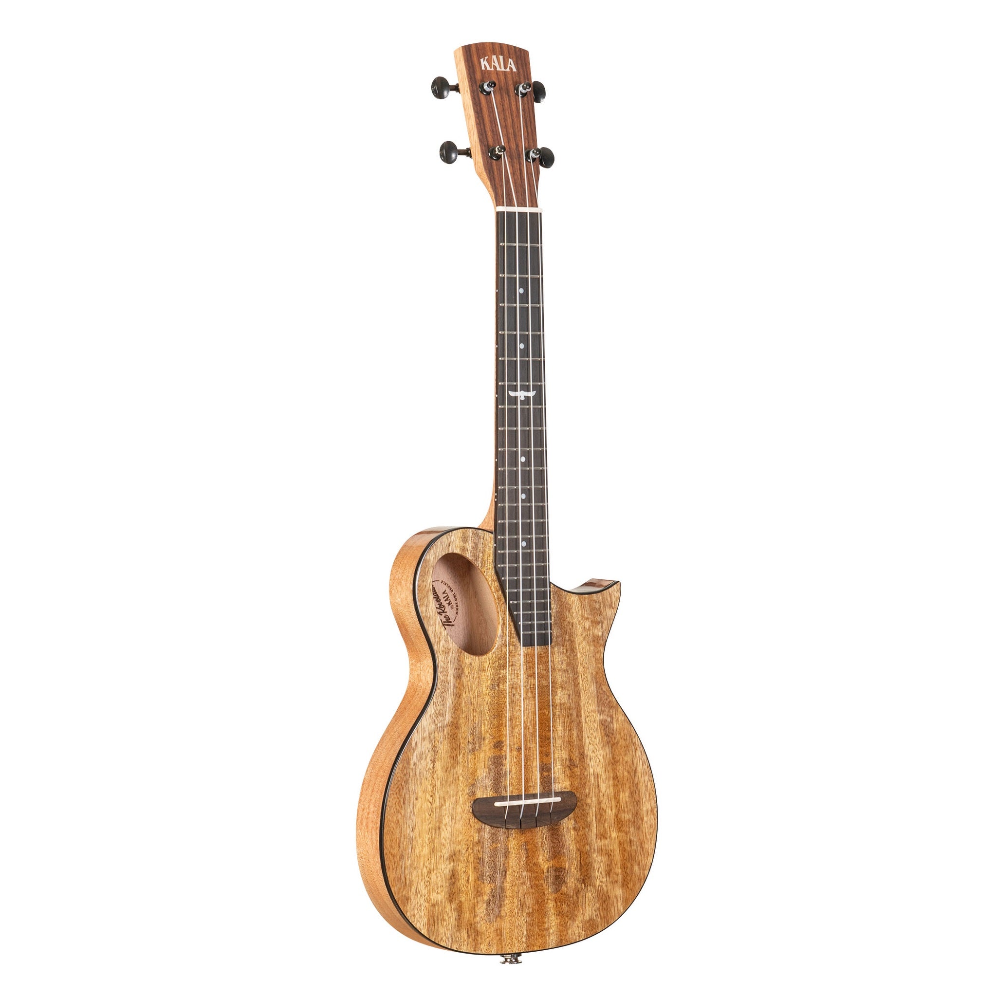 A Kala cutaway ukulele the Revelator Night Owl Mango Tenor Acoustic-Electric, with a natural flame maple top, dark fretboard, and black tuning pegs, shown against a plain white background.