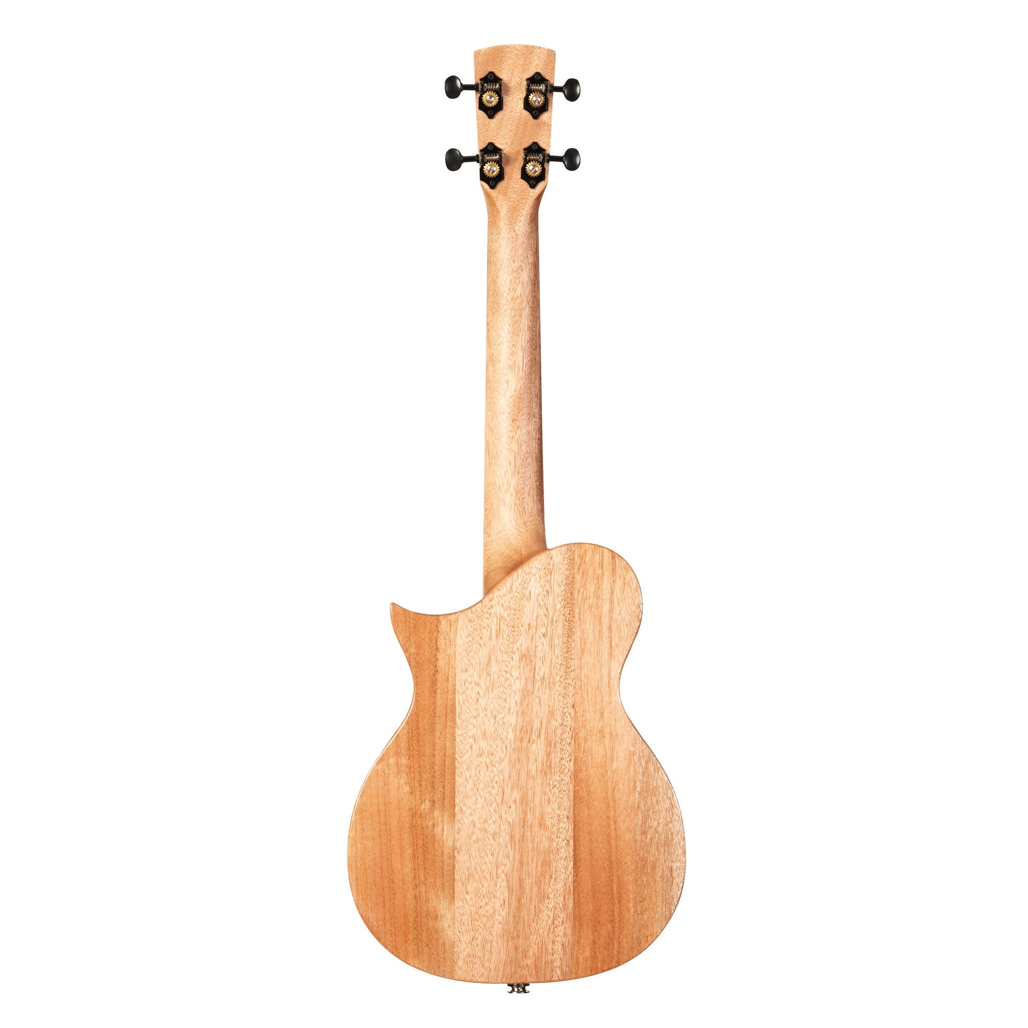 The back view of a Kala Revelator Night Owl Mango Tenor Acoustic-Electric Ukulele against a solid white background.