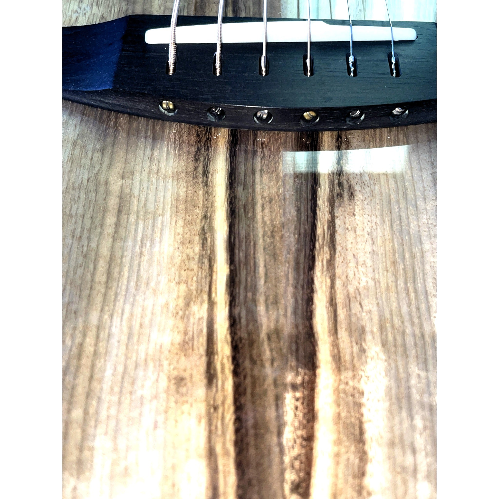 African ebony bridge and solid Myrtlewood top detail showing the distinctive natural grain – Breedlove Oregon Dreadnought Concerto CE, serial 30844