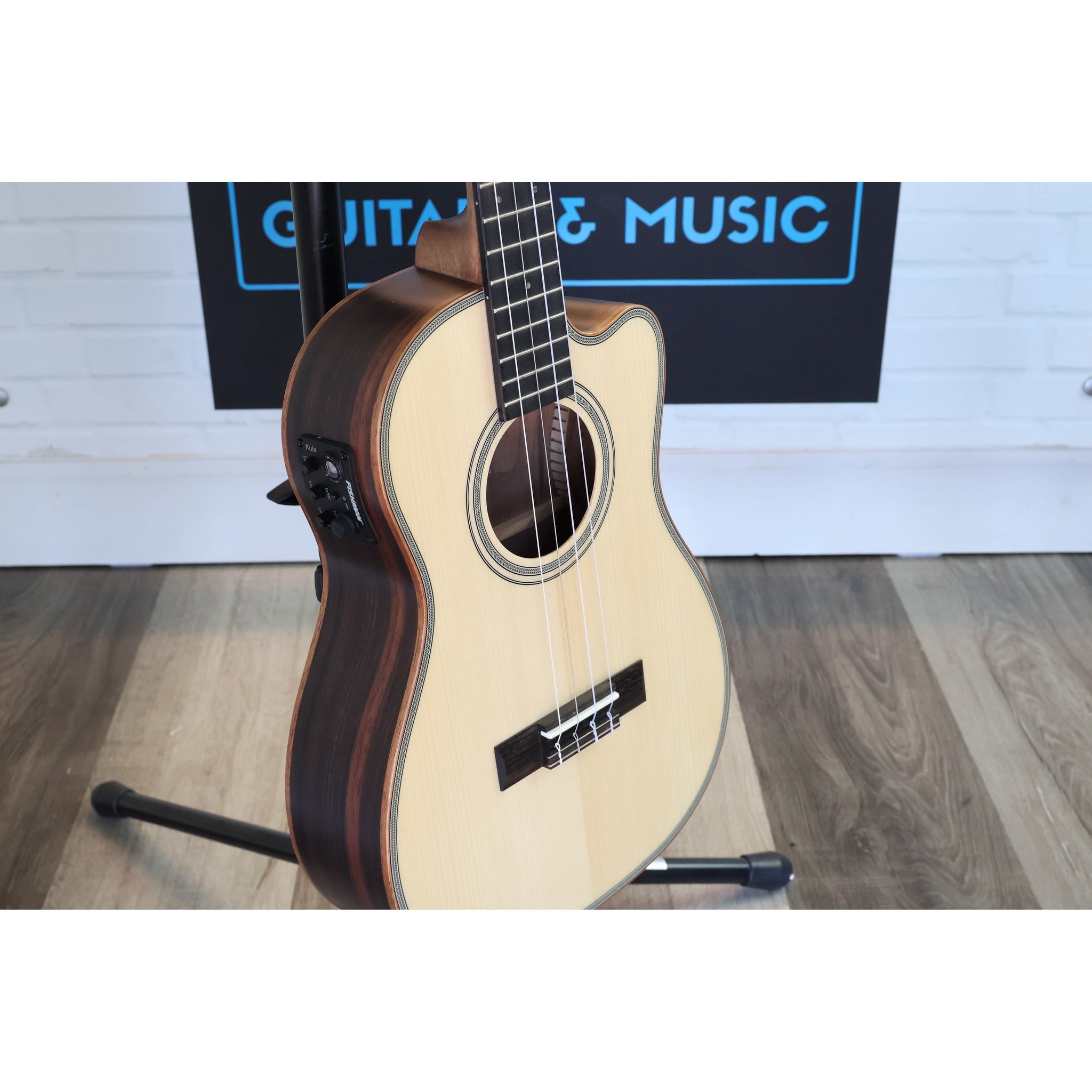 Kala KA-SSEBY-B-CE Solid Spruce Striped Ebony Baritone Acoustic-Electric Ukulele