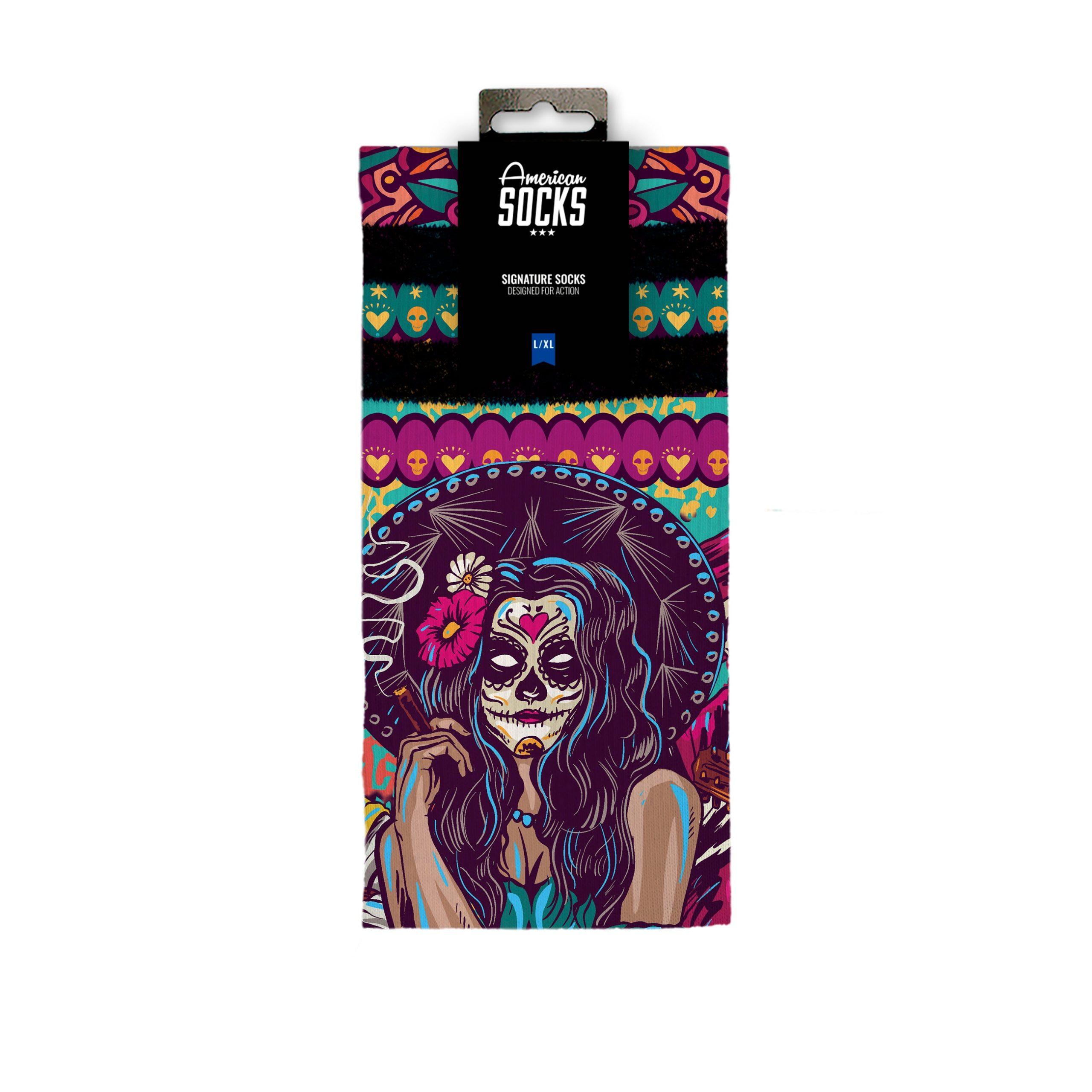 Día de los Muertos socks in packaging