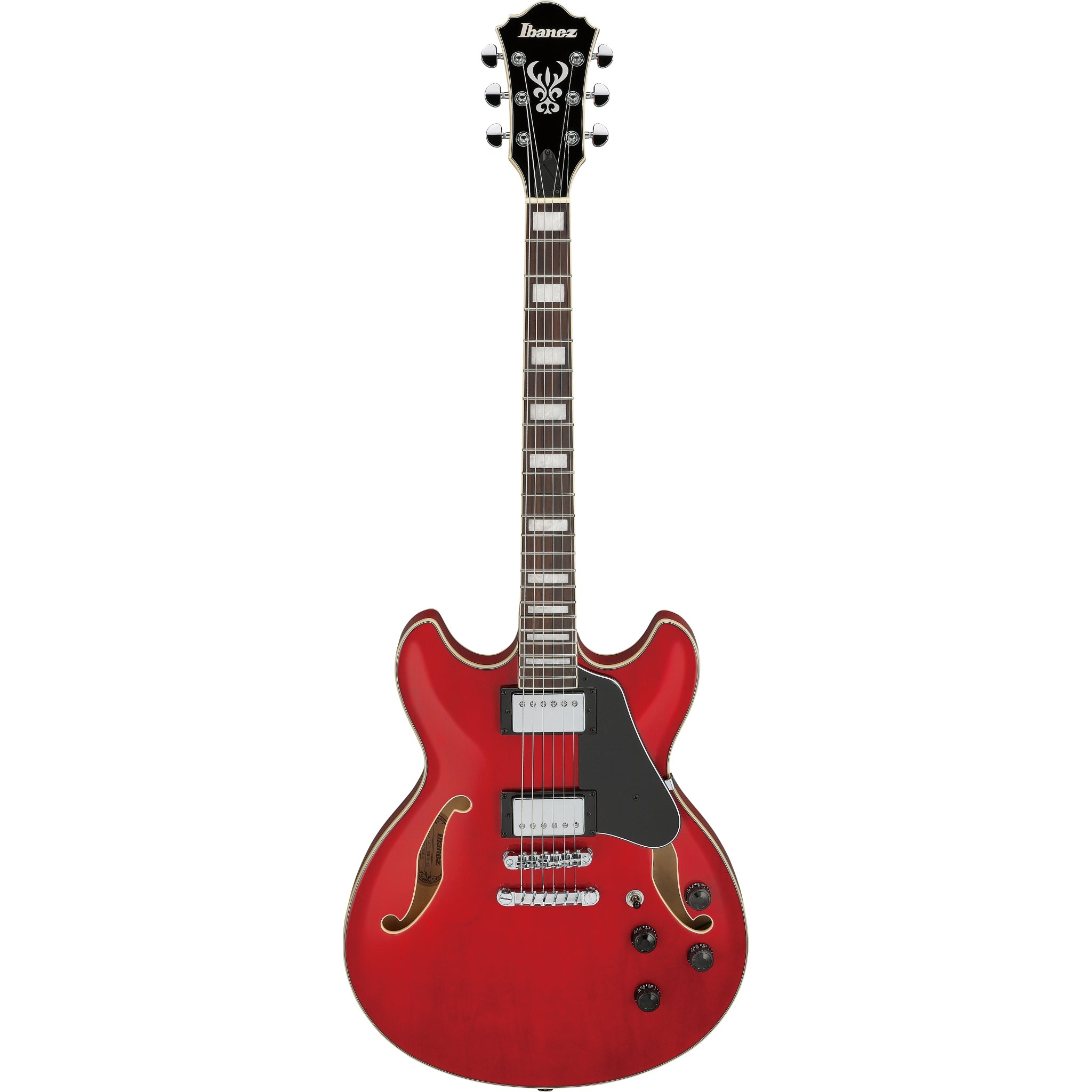 Red electric guitar with a white background