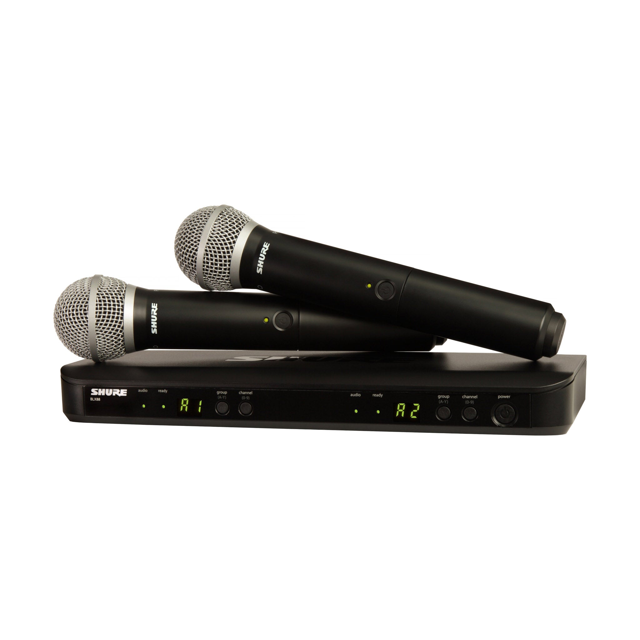 Shure wireless microphone system with two handheld microphones and a receiver on a white background