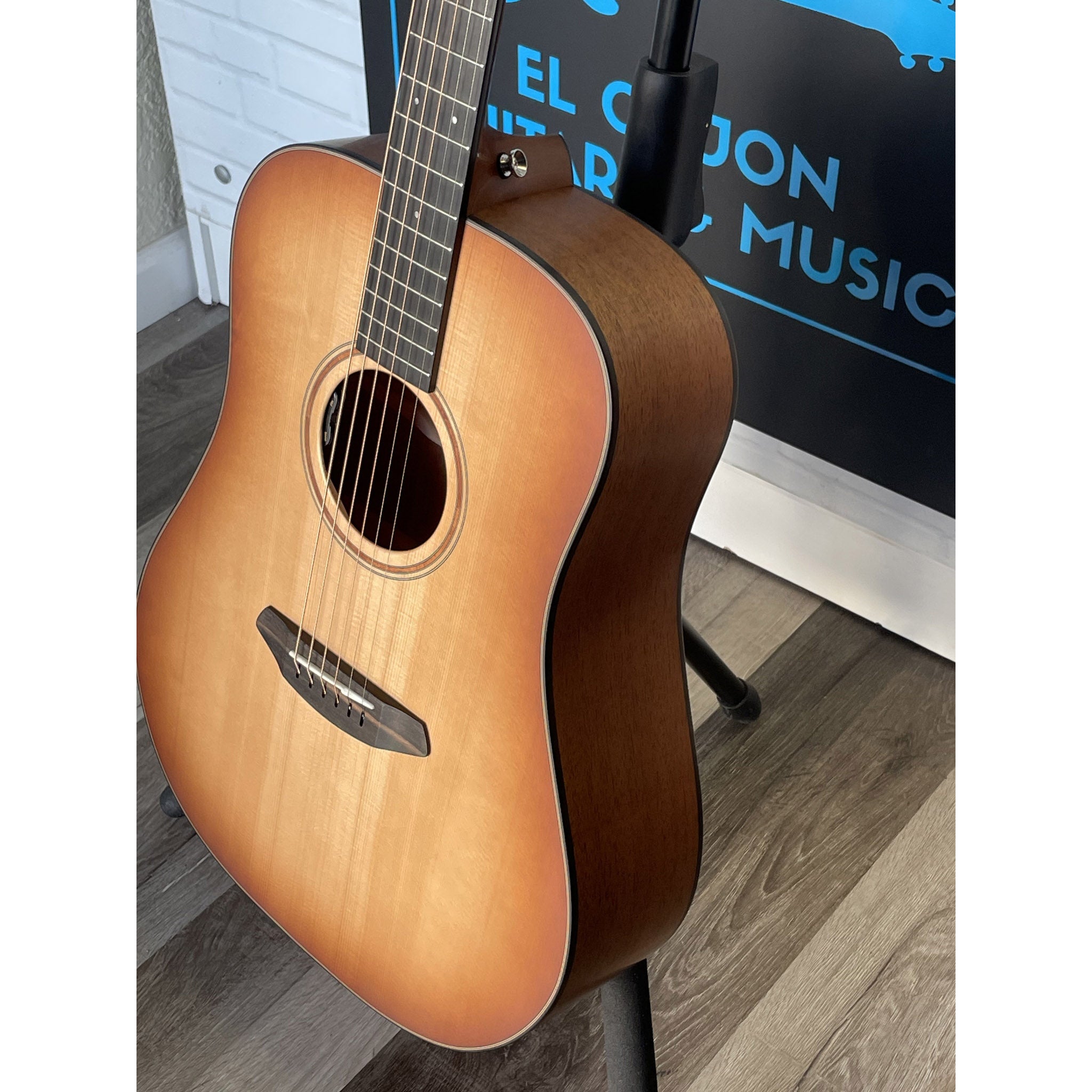 NAMM 2026 Show Piece Breedlove Roots Dreadnought SMe Edgeburst at El Cajon Guitars & Music, ecgmusic.com front side body