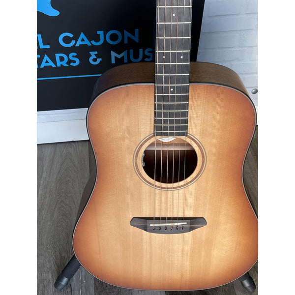 NAMM 2026 Show Piece Breedlove Roots Dreadnought SMe Edgeburst at El Cajon Guitars & Music, ecgmusic.com front beautiful in light