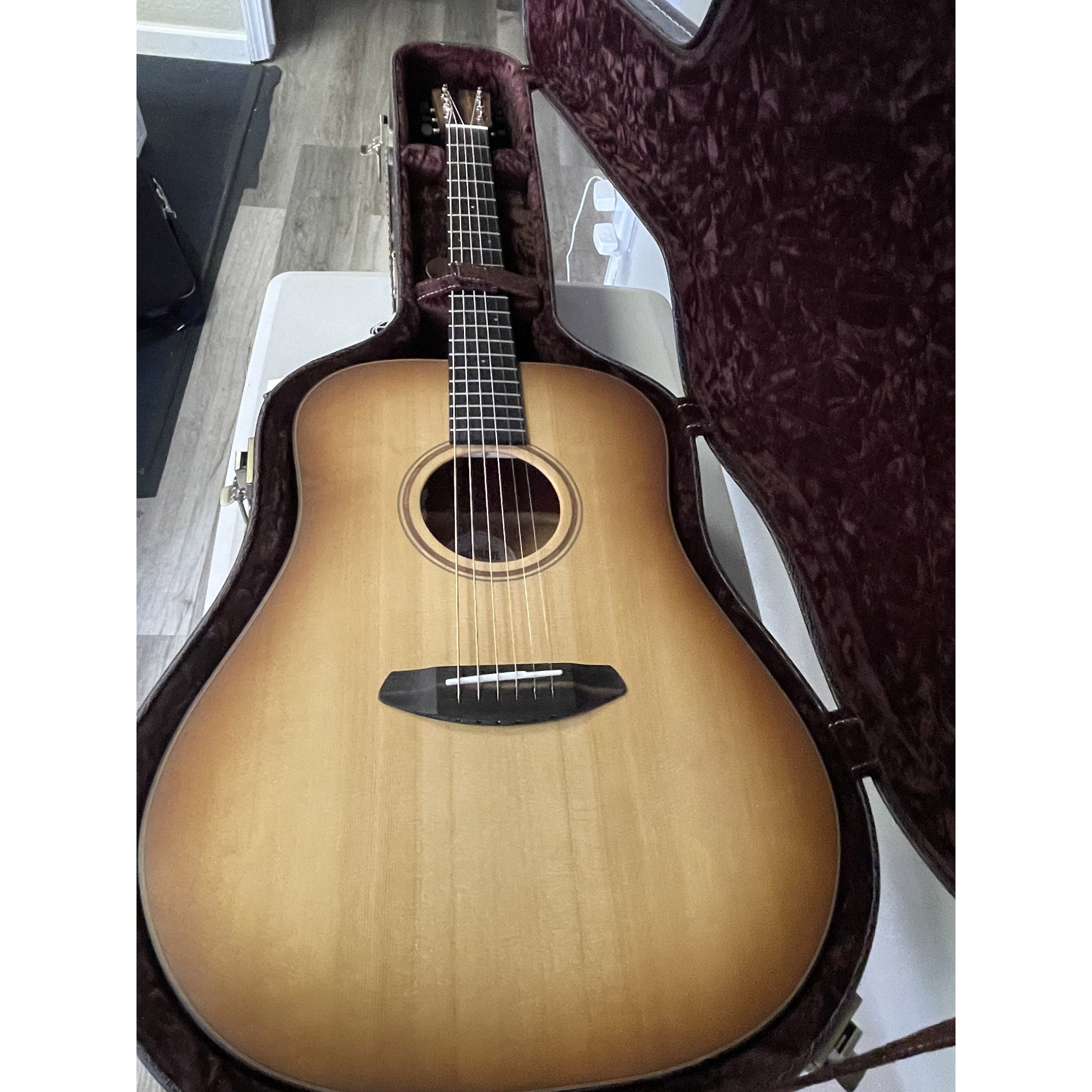 NAMM 2026 Show Piece Breedlove Roots Dreadnought SMe Edgeburst at El Cajon Guitars & Music, ecgmusic.com deluxe in case overhead