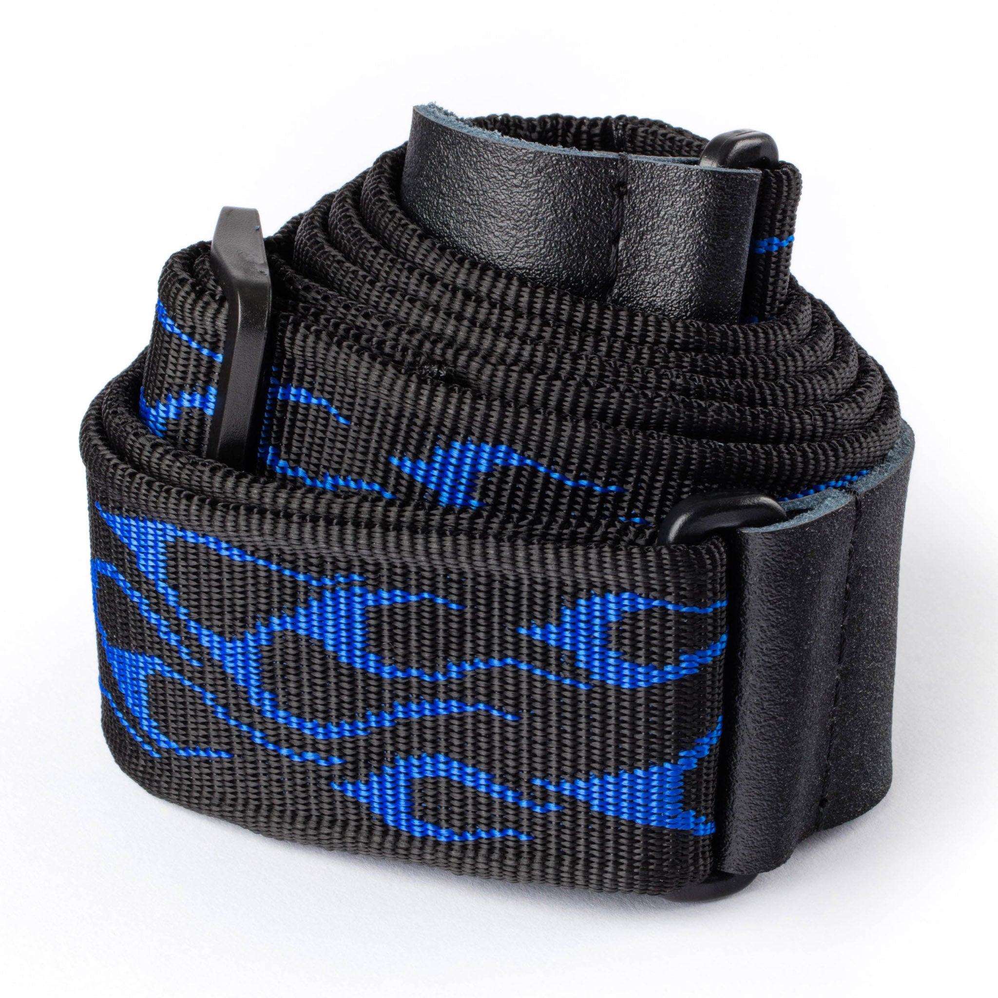 Black strap with blue flame pattern on a white background