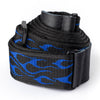 Black strap with blue flame pattern on a white background